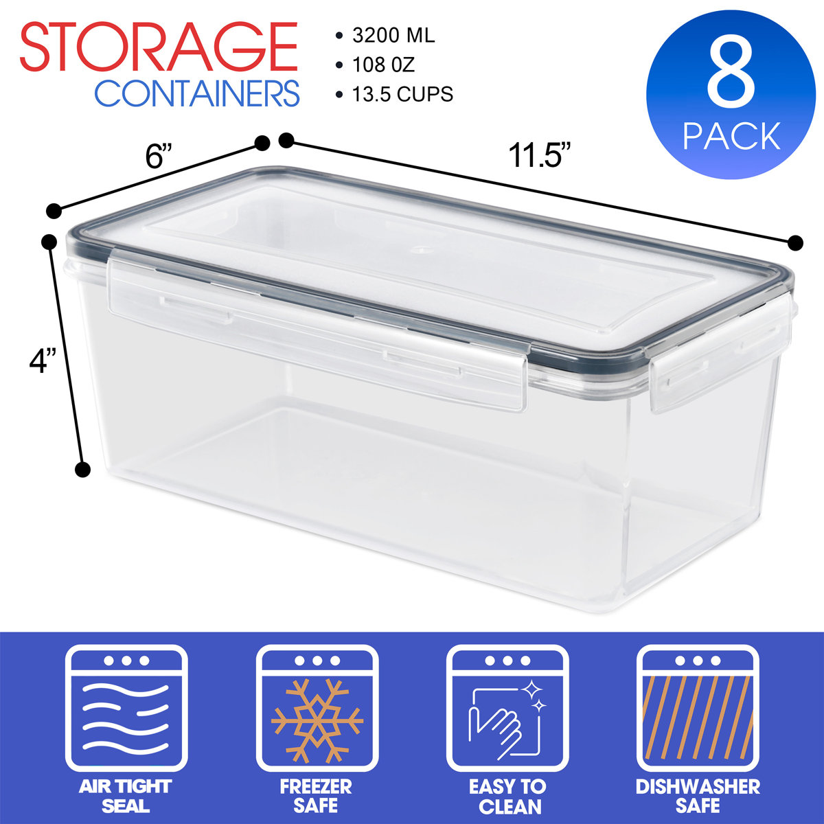 Mint Pantry® Large Food Storage Containers - Pack of 8 with Air Tight, Four-Way Snap Lids